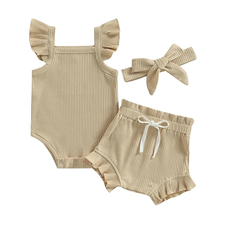 Lioraitiin 0-18M Toddler Girls 3Pcs Fly Sleeve Solid Romper Tops