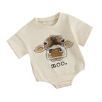 Lioraitiin Baby Romper, Short Sleeve Crew Neck Cow Head Print