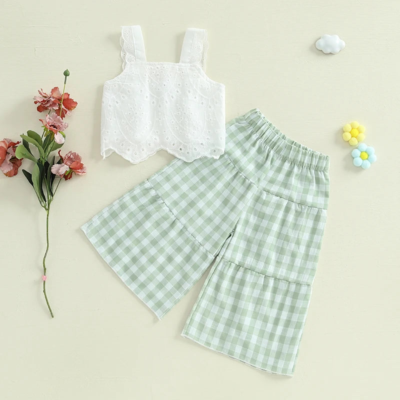 Lioraitiin Toddler Girl Eyelet Embroidery Cami Tops+Elastic Waist