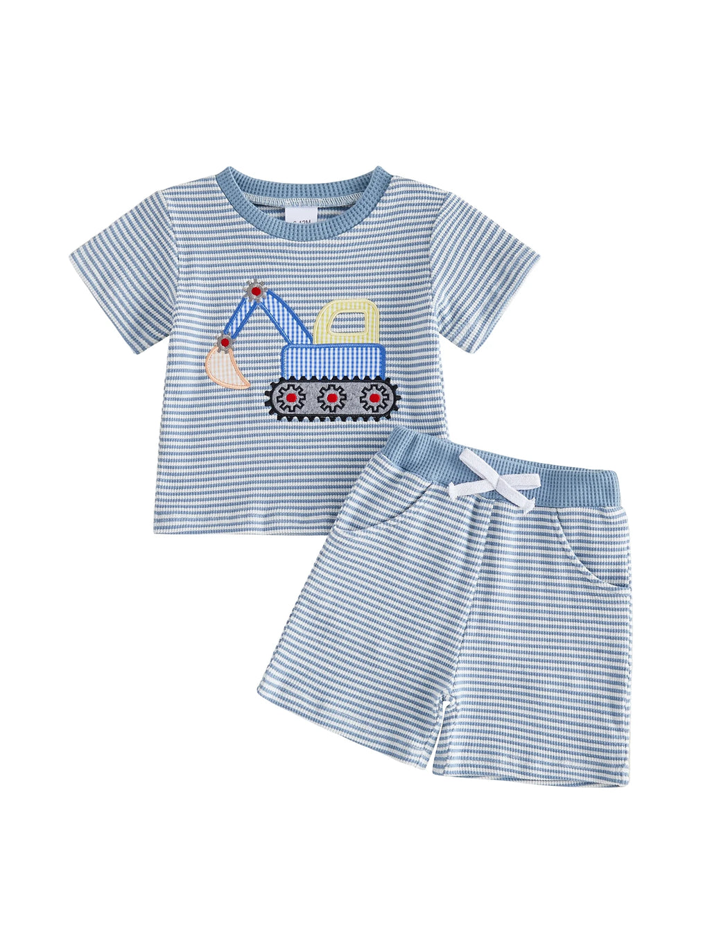 Toddler Baby Boy Outfit Excavator Embroidered Striped Short Sleeve