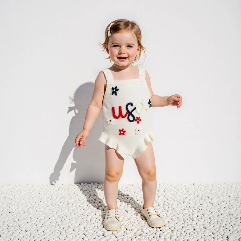 Lioraitiin Baby Girl Knit Overalls Floral Letter Embroidery