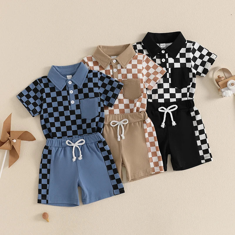 Lioraitiin Toddler Boys Shorts Sets Short Sleeve Lapel Checkerboard