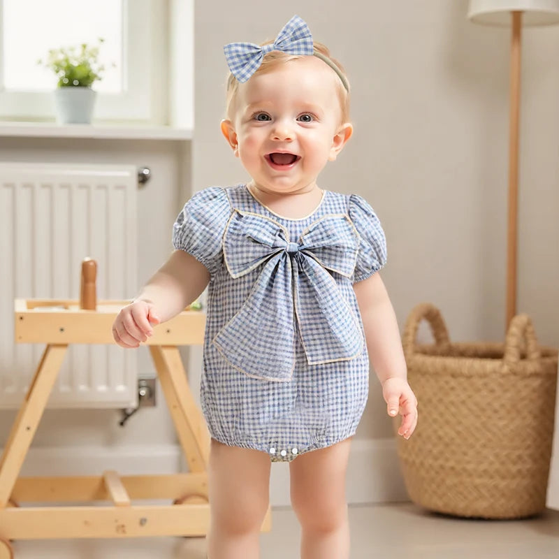 Lioraitiin Baby Girls Sweet Romper Short Sleeve Round Neck Plaid