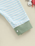 Lioraitiin Baby Boy Romper Embroidered Striped Crew Neck Long Sleeve