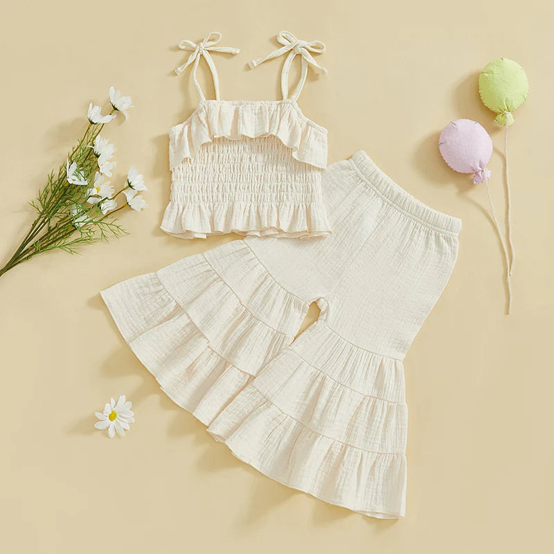 Lioraitiin Toddler Girl Set Sleeveless Smocked Lacing Strap Camisole
