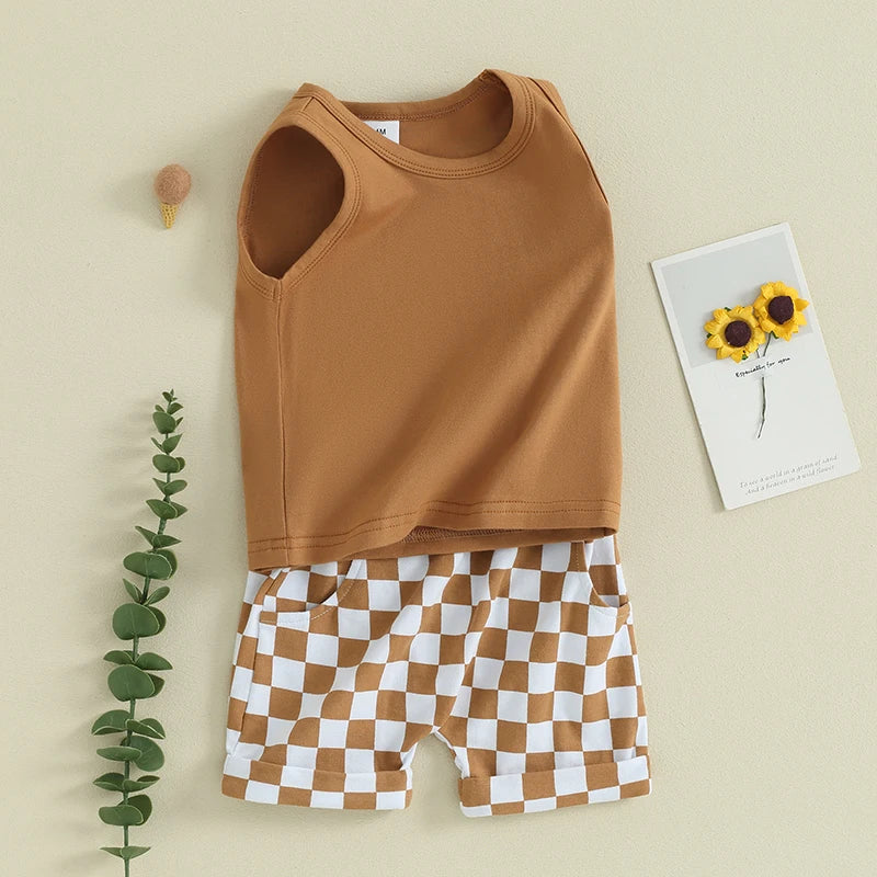 lioraitiin Baby Boy Solid Sleeveless Tank Top Checkered Shorts 2Pcs