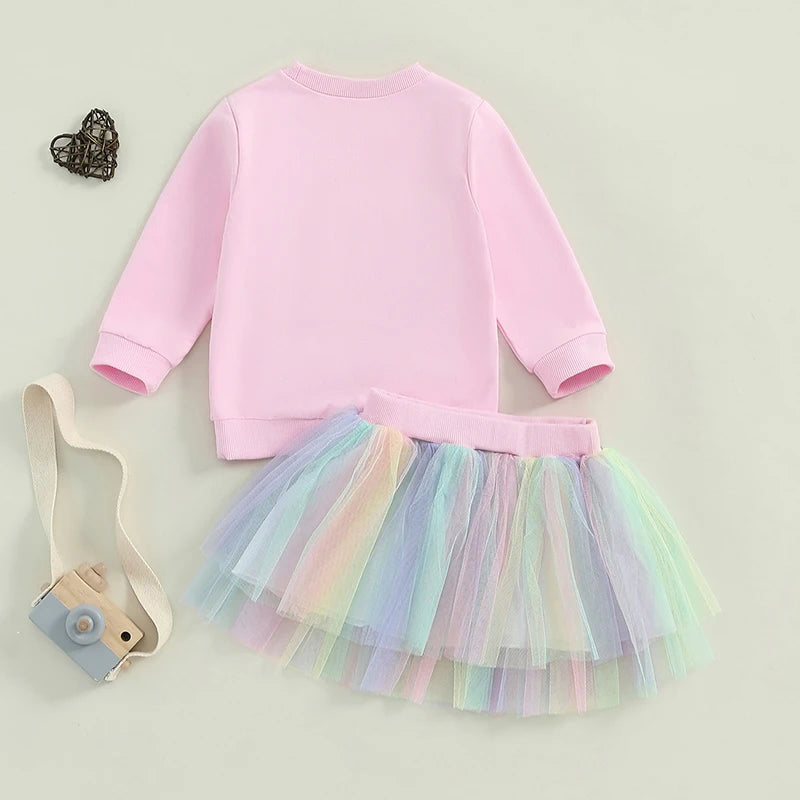 Lioraitiin 1-6Y Kids Girls Skirt Set, Long Sleeve Embroidery Letter