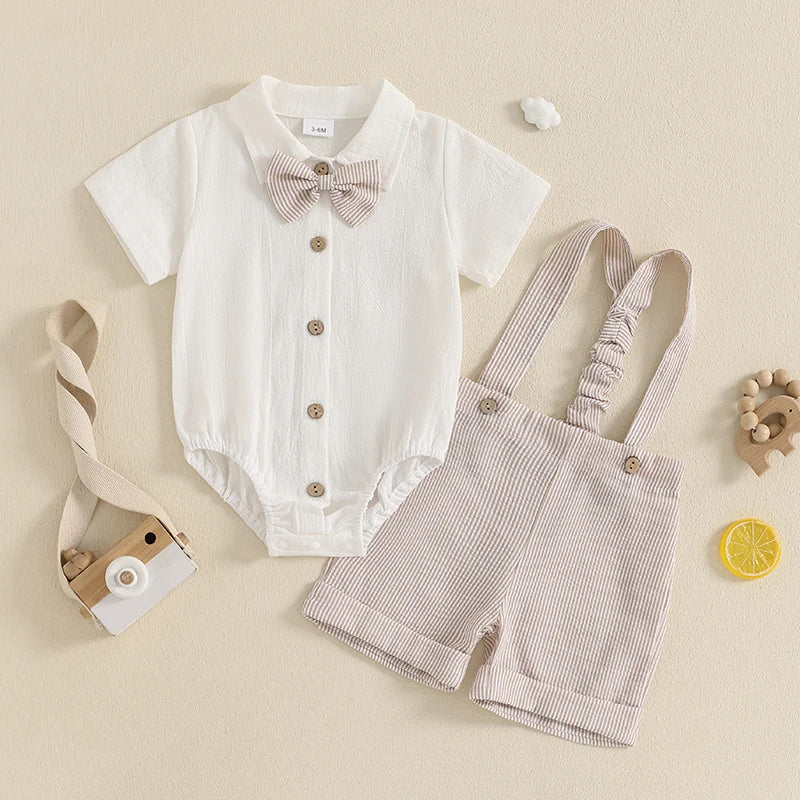 Lioraitiin Baby Boy Gentleman Outfit Solid Color Short Sleeve Lapel