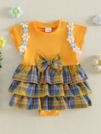 Lioraitiin Baby Girls Rompers Floral Embroidery Plaid Ruffles Skirt