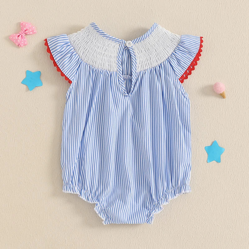 Lioraitiin Baby Girls Romper Fly Sleeve Crew Neck Stripes Embroidery