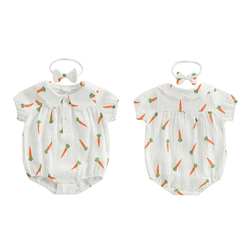 Lioraitiin Baby Girls Rompers Easter Carrot Print Doll Collar Short