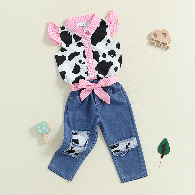 Lioraitiin Baby Girl 2Pcs Western Outfits Fly Sleeve Cow Print Shirt