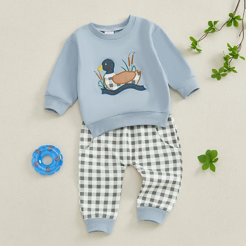 Lioraitiin Toddler Baby Boy Girl Duck Long Sleeve Sweatshirt Plaid