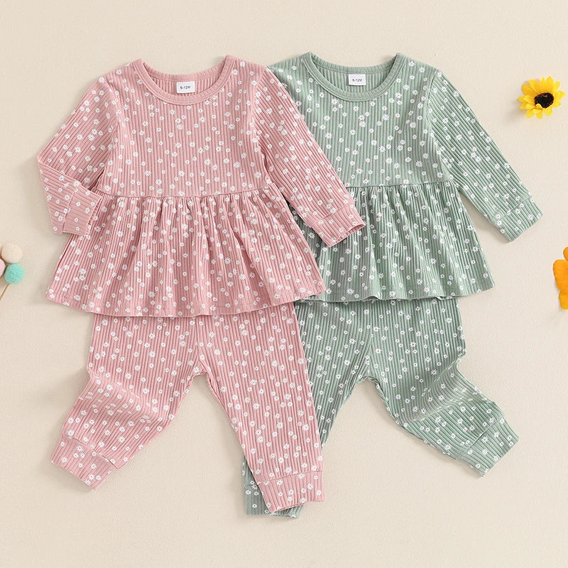 Lioraitiin 1-5Y Toddler Girl Outfits Floral Print Crew Neck Long