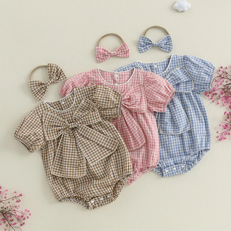 Lioraitiin Baby Girls Sweet Romper Short Sleeve Round Neck Plaid