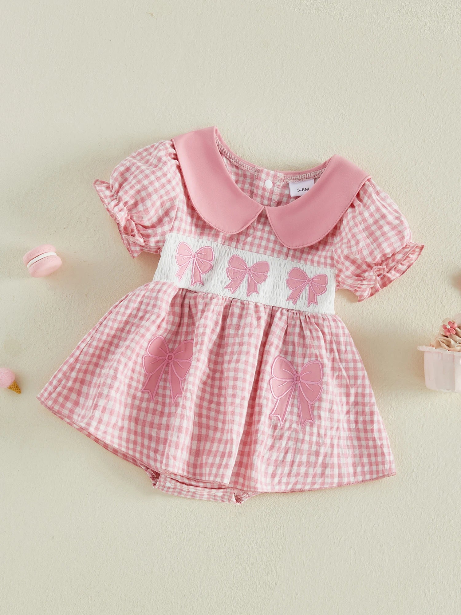 Lioraitiin Baby Girl Plaid Romper Dress Cute Bow Embroidery Smocked