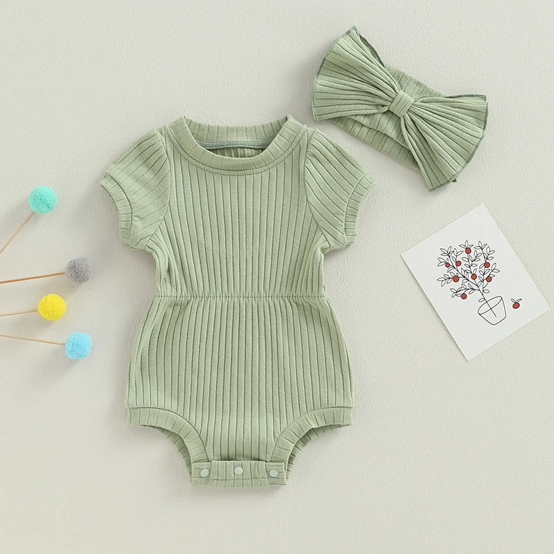Lioraitiin Baby Girl Outfits Solid Color Short Sleeve Romper With Bow