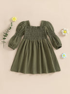 Lioraitiin Toddler Girl Bubble Sleeve Dress Stylish Solid Smocked