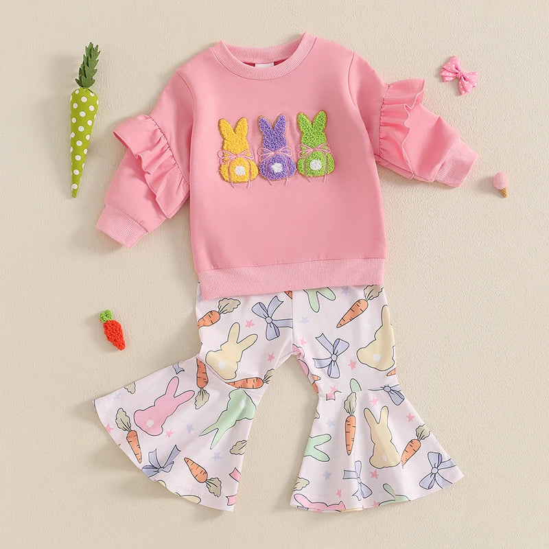 Lioraitiin Toddler Girl Easter Outfit Bunny Embroidery Long Sleeve