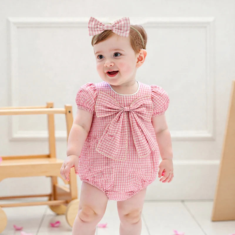 Lioraitiin Baby Girls Sweet Romper Short Sleeve Round Neck Plaid