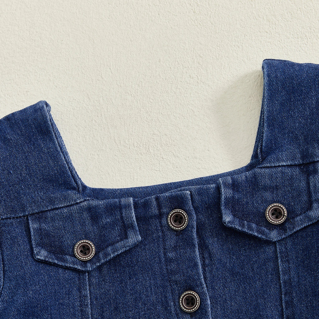 Lioraitiin Toddler Baby Girl Denim Dress Long Puff Sleeve Button Down