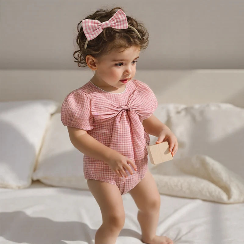 Lioraitiin Baby Girls Sweet Romper Short Sleeve Round Neck Plaid