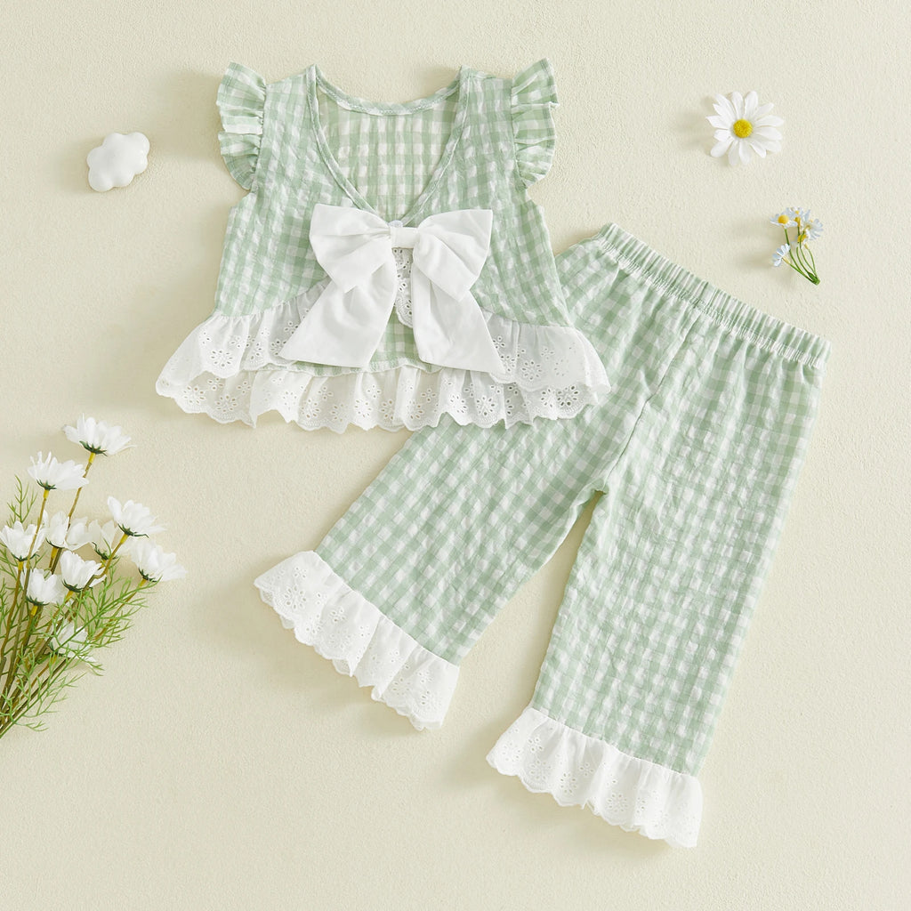 Lioraitiin 2Pcs Toddler Girls Outfits Flying Sleeve Crew Neck Plaid