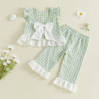 Lioraitiin 2Pcs Toddler Girls Outfits Flying Sleeve Crew Neck Plaid