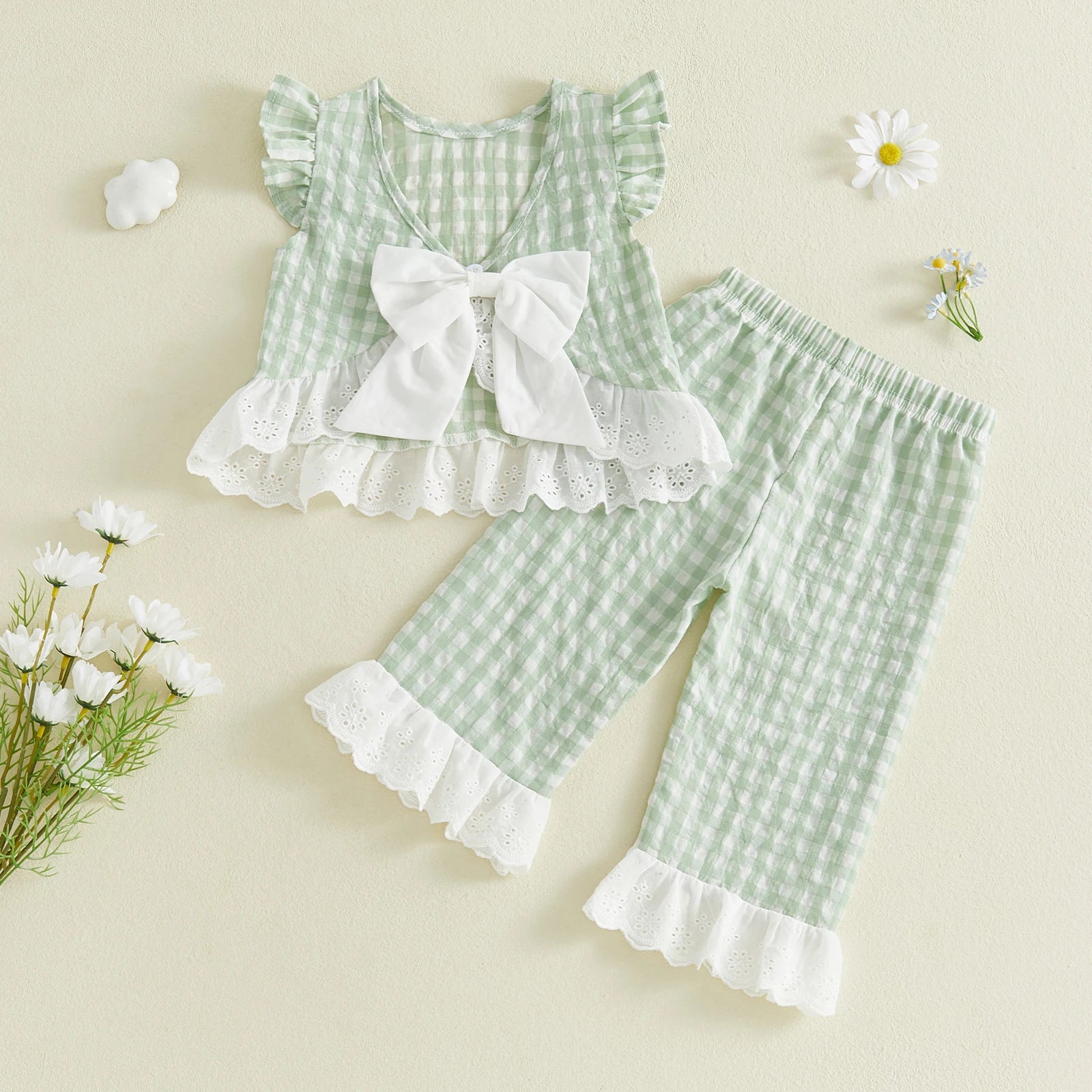 Lioraitiin 2Pcs Toddler Girls Outfits Flying Sleeve Crew Neck Plaid