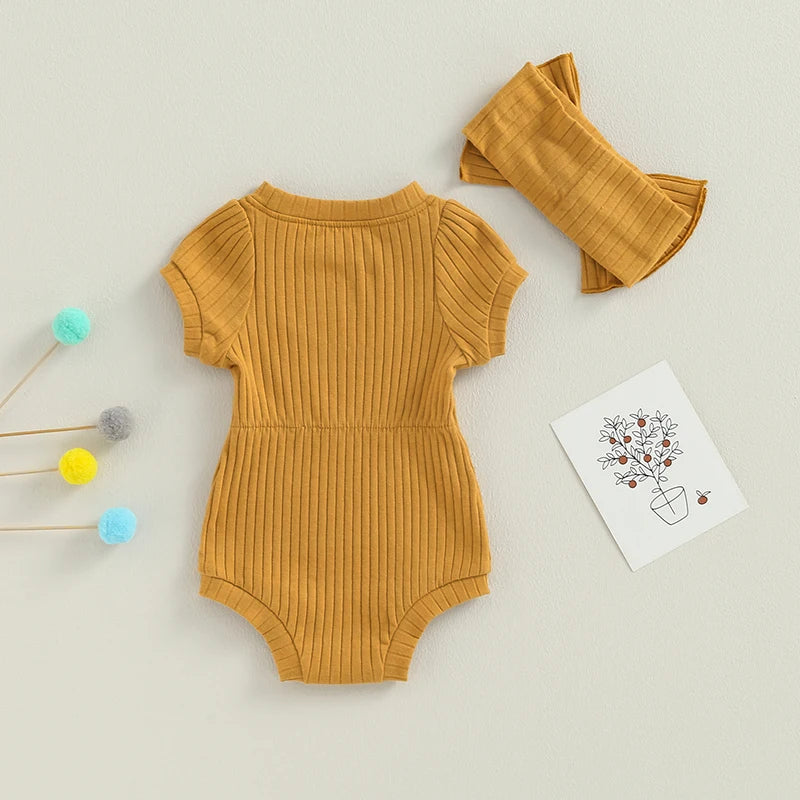 Lioraitiin Baby Girl Outfits Solid Color Short Sleeve Romper With Bow