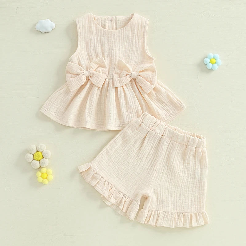 Lioraitiin Toddler Baby Girl Solid Color Bow Round Neck Tank Tops +