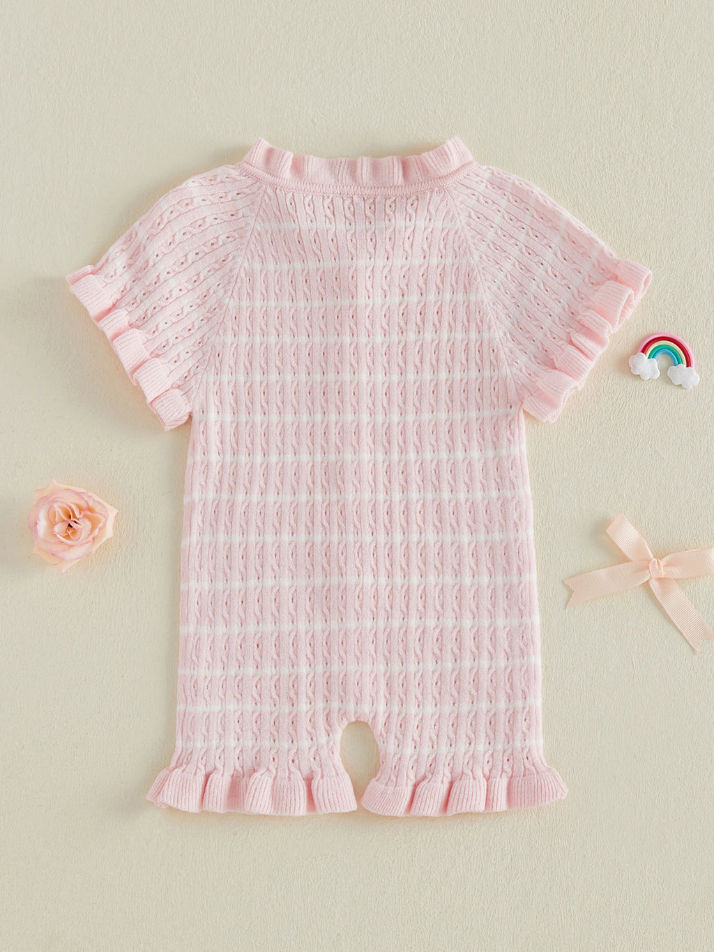 Lioraitiin Newborn Baby Girl Knit Romper Ruffle Trim Short Sleeve