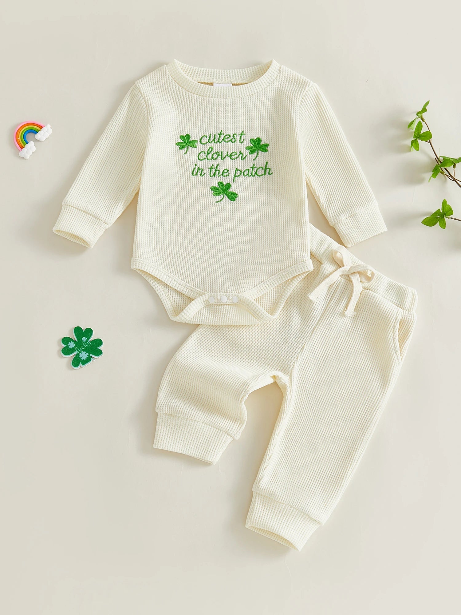 Lioraitiin Baby Girls Outfits Long Sleeve Shamrock Embroidery Romper