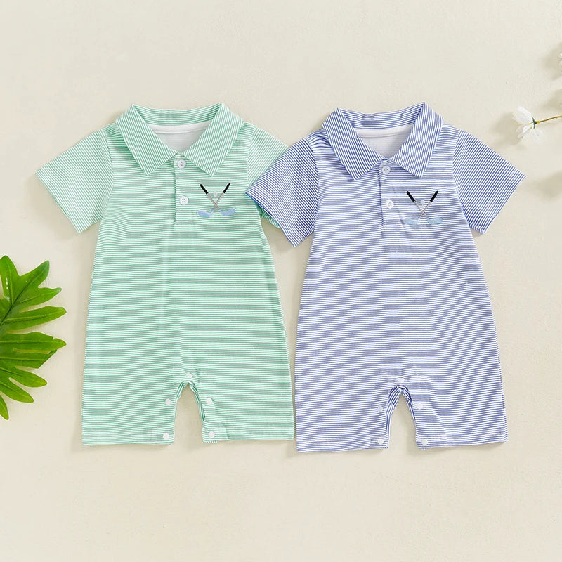 Lioraitiin Baby Boys Striped Jumpsuit Short Sleeve Turn Down Collar