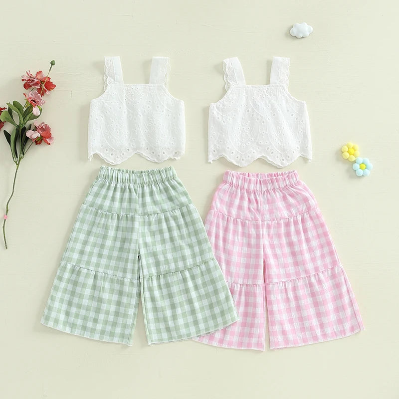 Lioraitiin Toddler Girl Eyelet Embroidery Cami Tops+Elastic Waist