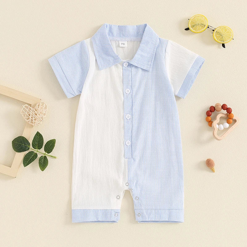 Lioraitiin Baby Boy Jumpsuit Short Sleeve Lapel Collar Stripes Print