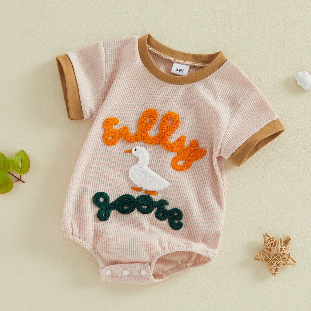 Lioraitiin Baby Girls Romper Fashionable Letter Goose Embroidery Crew
