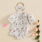 Lioraitiin Baby Girl Outfits Floral Pattern Smocked Crew Neck Short