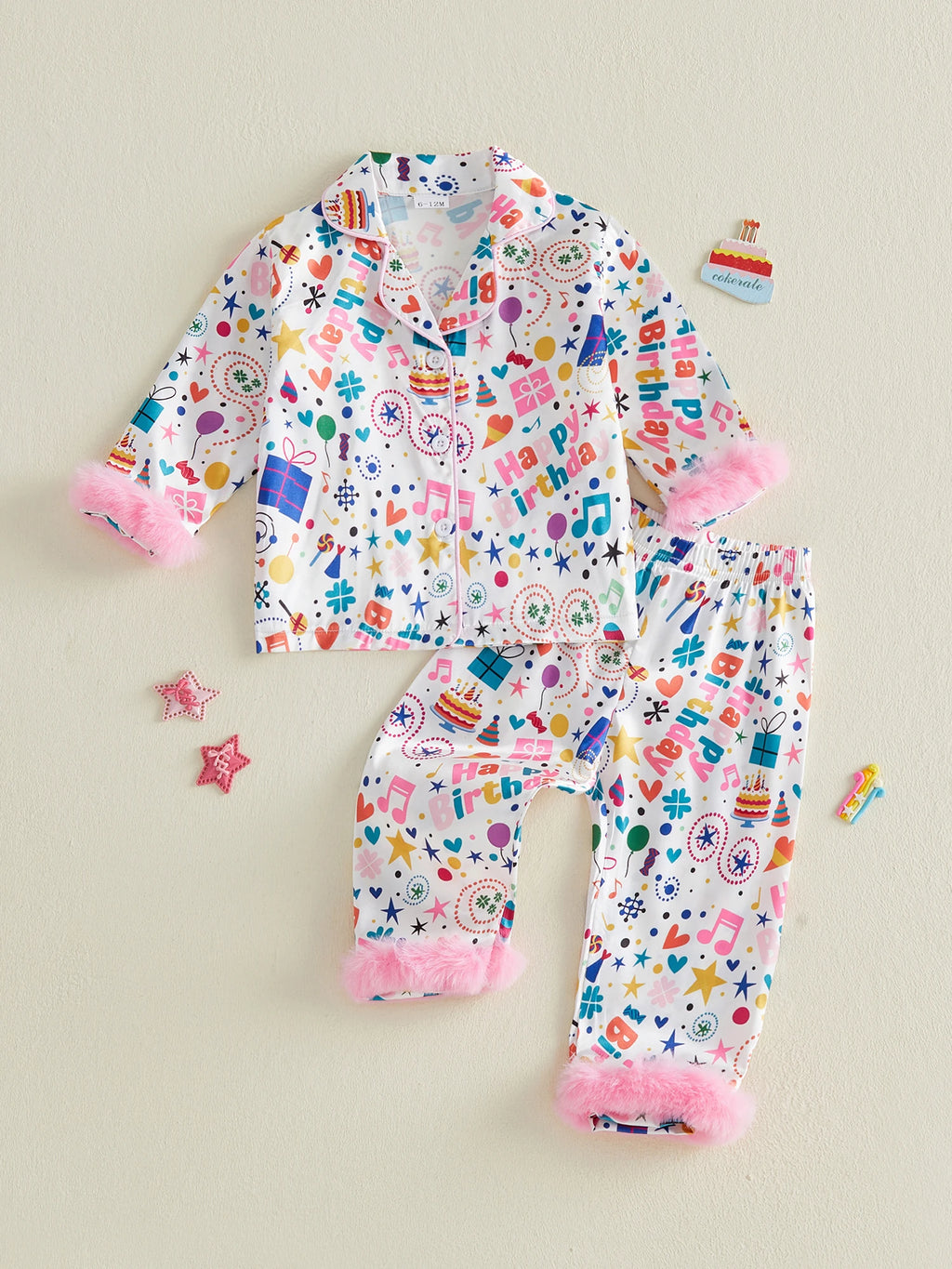 Toddler Girls Birthday Pajamas Set Long Sleeve Cartoon Print Fur