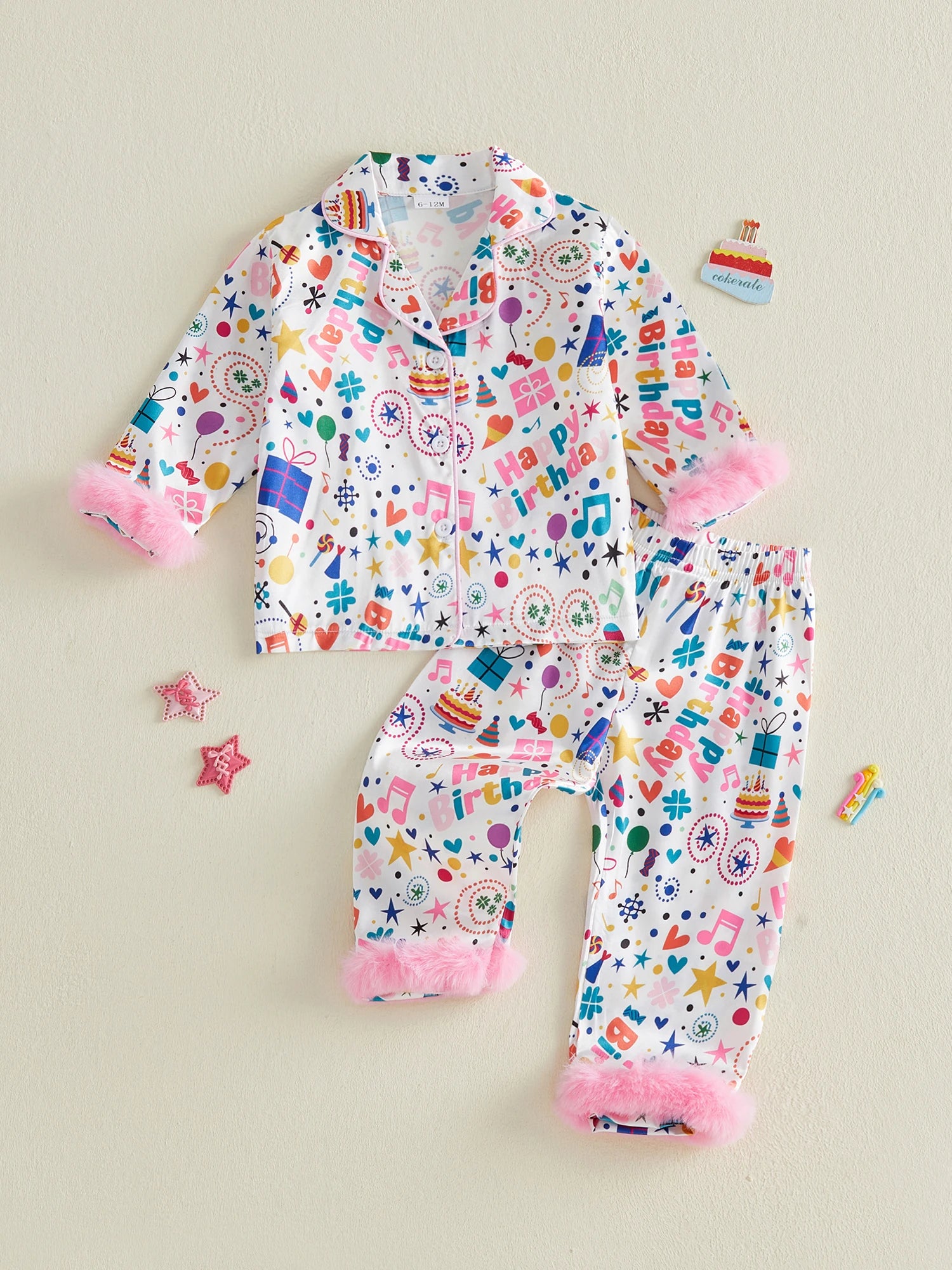 Toddler Girls Birthday Pajamas Set Long Sleeve Cartoon Print Fur