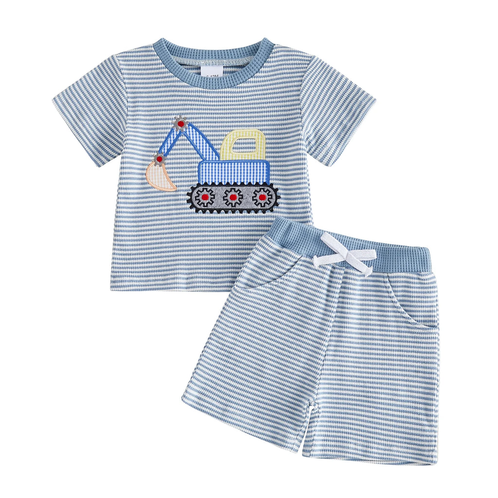 Toddler Baby Boy Outfit Excavator Embroidered Striped Short Sleeve