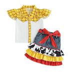 Lioraitiin Girls Outfits Plaid Print Fly Sleeve Shirts Cow Pattern