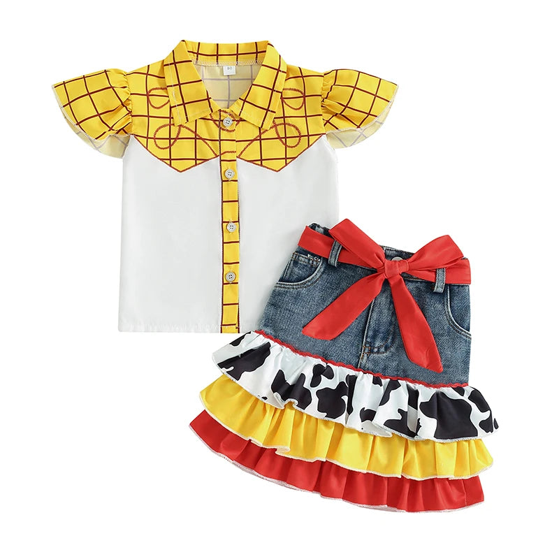 Lioraitiin Girls Outfits Plaid Print Fly Sleeve Shirts Cow Pattern
