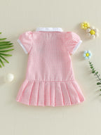 Lioraitiin Toddler Girl A Line Dress Plaid Print Lapel Short Sleeves