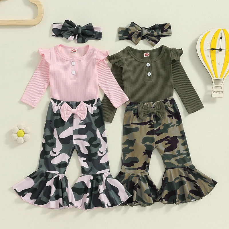 Lioraitiin Baby Girl 3 Piece Outfit, Long Sleeve Ribbed Solid Color