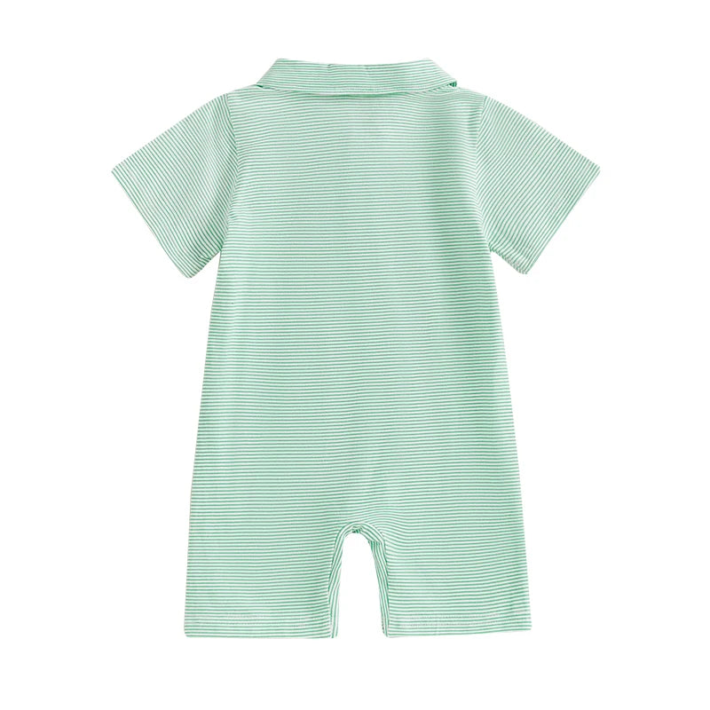 Lioraitiin Baby Boys Striped Jumpsuit Short Sleeve Turn Down Collar