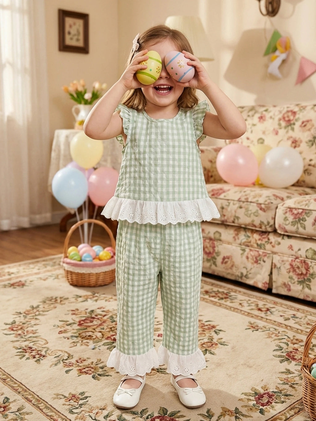 Lioraitiin 2Pcs Toddler Girls Outfits Flying Sleeve Crew Neck Plaid