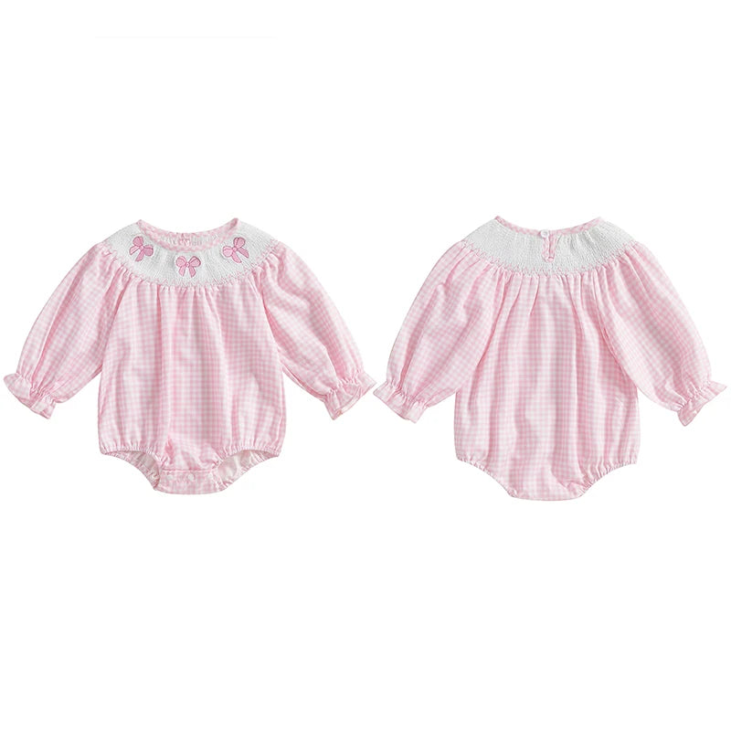 Newborn Baby Girls Cute Romper Bow Embroidery Plaid Long Sleeve