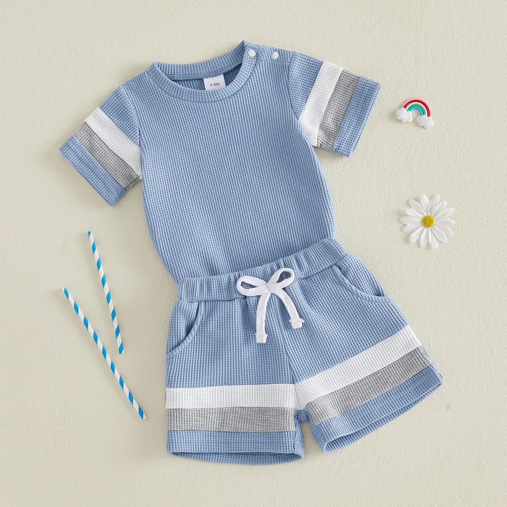 Lioraitiin Baby Boys Sets Fashionable Stripe Trim Short Sleeve Romper