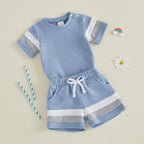Lioraitiin Baby Boys Sets Fashionable Stripe Trim Short Sleeve Romper